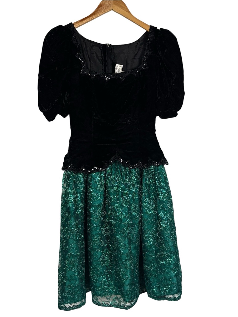 Jessica McClintock Vintage Party Dress Velvet Lace Black Green Puff Sleeve 7/8